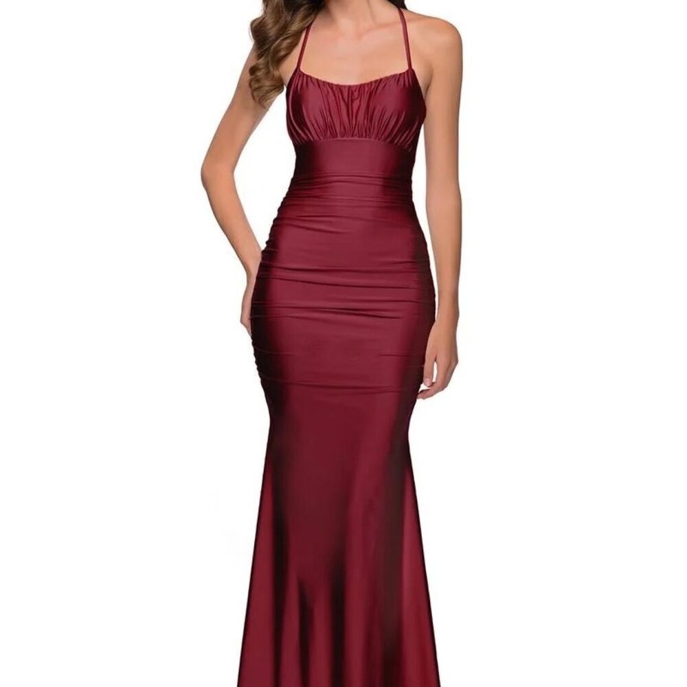 NWT La Femme 29873SC Shiny Jersey Prom Dress Burgundy Size 4